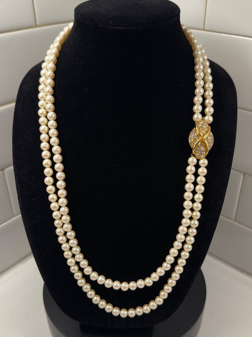 Monet Ivory Double Strand Pearl Necklace with Gold Rhinestone Clasp